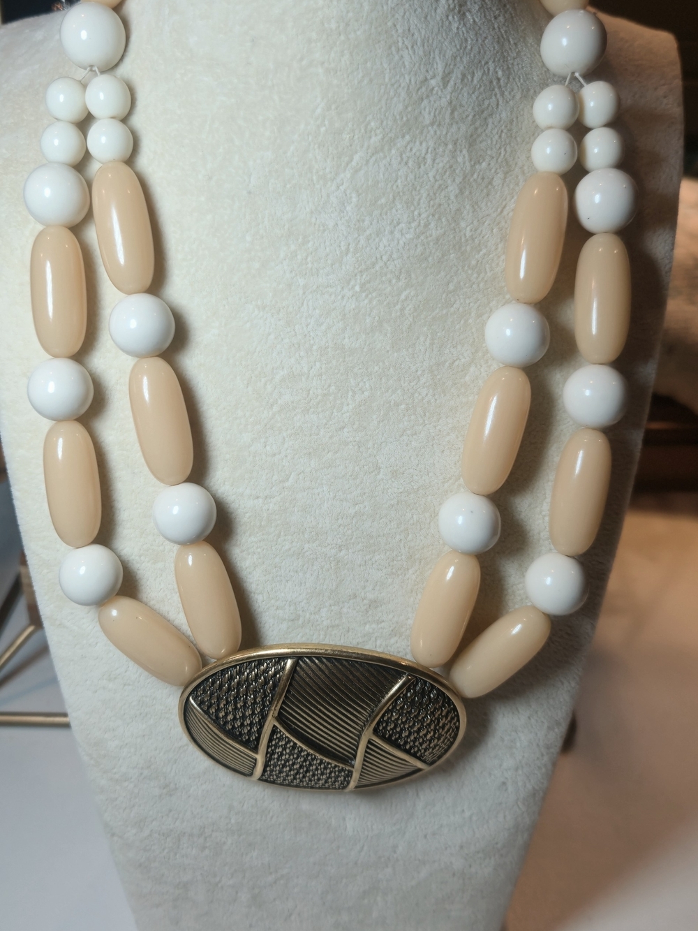 Beige and White Double-Strand Statement Necklace with Textured Oval Pendant